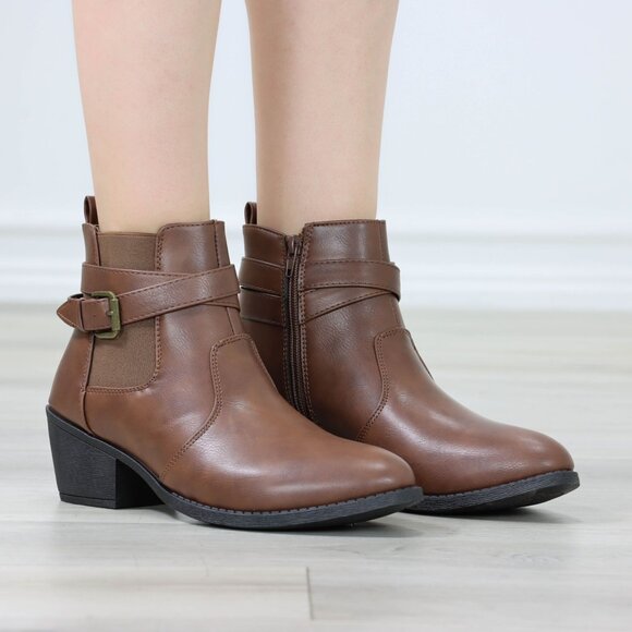Brown Ankle Boots Buckle Strap Faux Leather Low Block Heel Side Zip - Picture 11 of 14